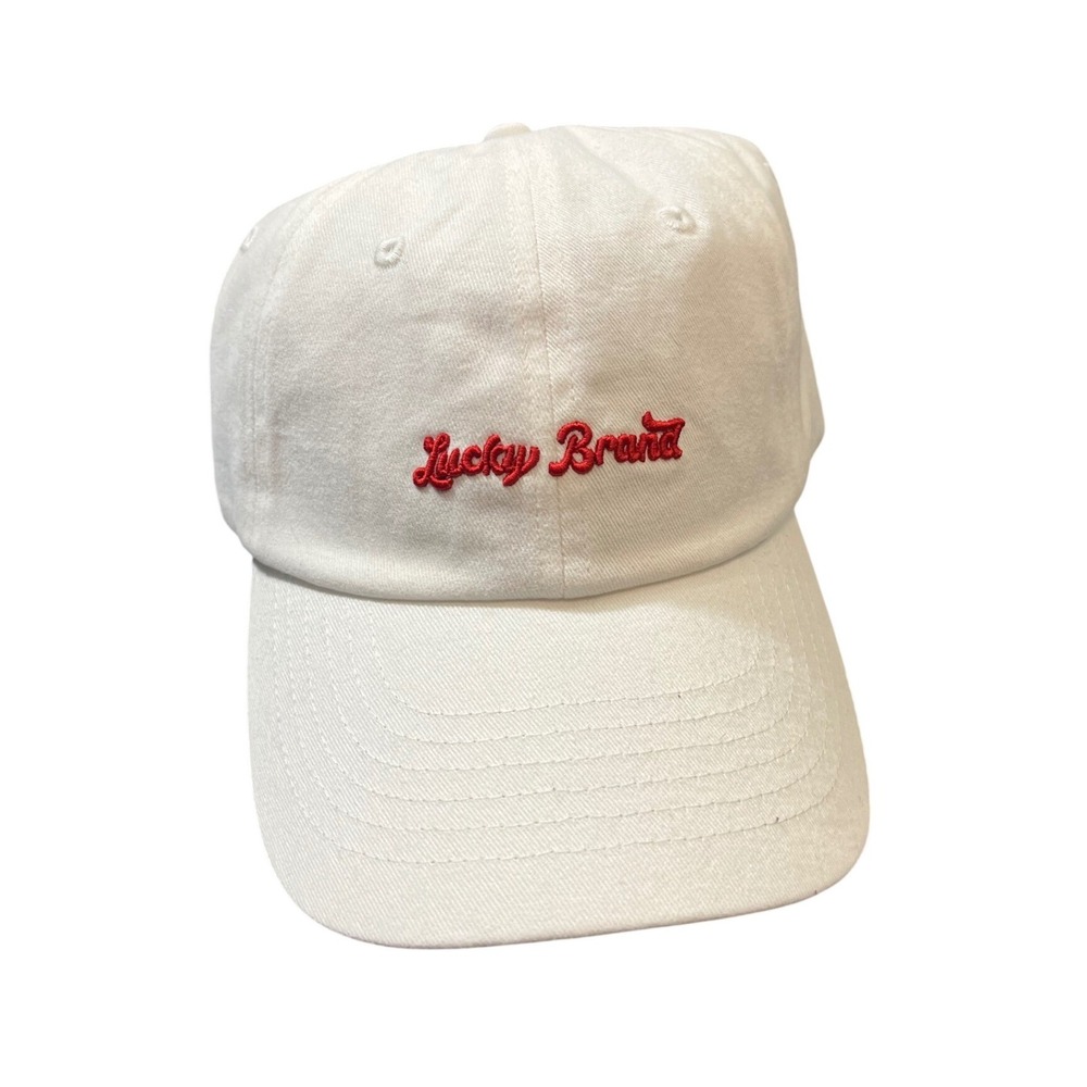 NEW Lucky Brand Baseball Cap Unisex OS White Red Embroidered Script Logo Dad Hat